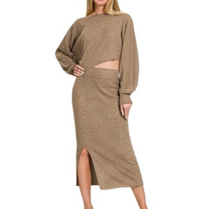 ZENANA Women’s Ribbed Asymmetric Hem & Sleeve Top and Skirt Set Size Small